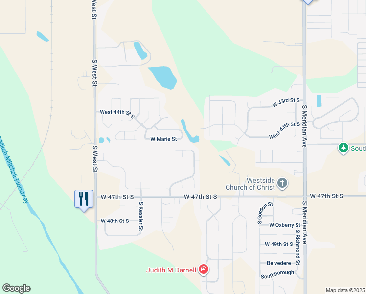 map of restaurants, bars, coffee shops, grocery stores, and more near 3306 West 45th Street South in Wichita