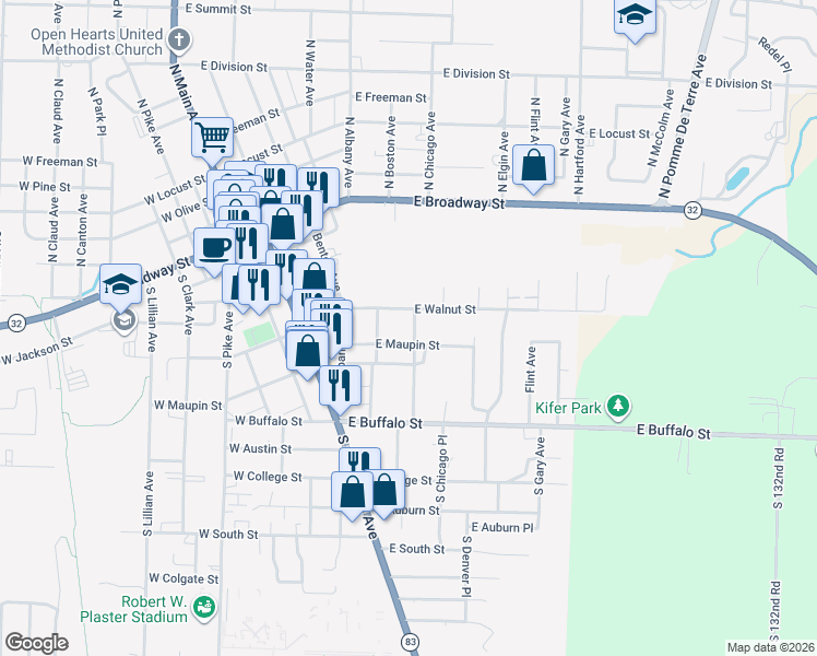 map of restaurants, bars, coffee shops, grocery stores, and more near 423 South Chicago Avenue in Bolivar