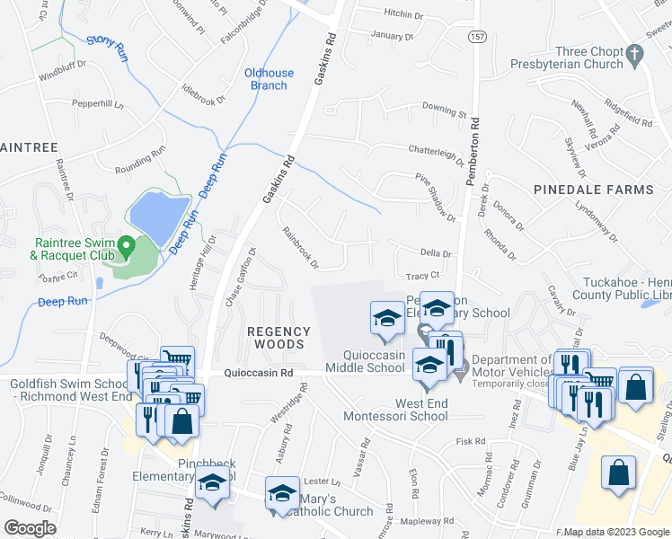 map of restaurants, bars, coffee shops, grocery stores, and more near 9604 Rainbrook Drive in Henrico