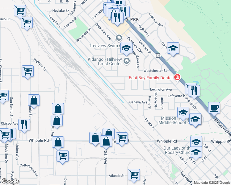 map of restaurants, bars, coffee shops, grocery stores, and more near 31823 Carroll Avenue in Hayward