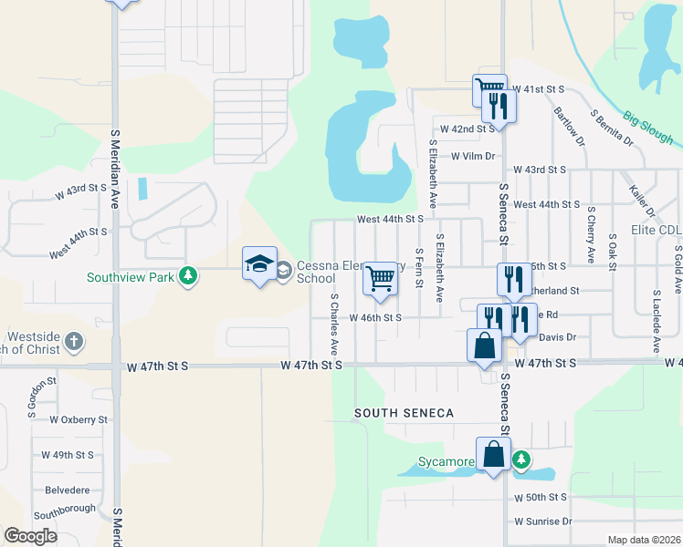 map of restaurants, bars, coffee shops, grocery stores, and more near 4615 South Charles Avenue in Wichita