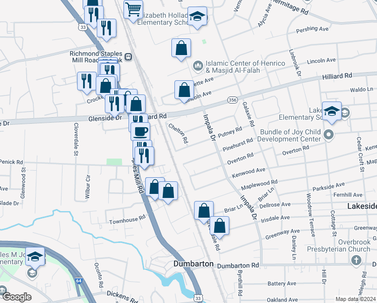 map of restaurants, bars, coffee shops, grocery stores, and more near 3101 Putney Road in Henrico