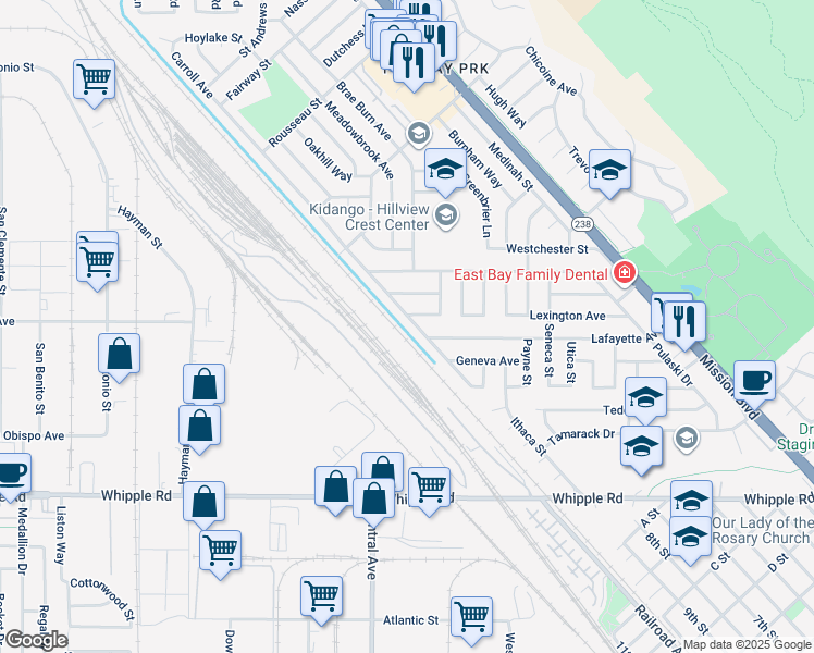 map of restaurants, bars, coffee shops, grocery stores, and more near 31823 Carroll Avenue in Hayward