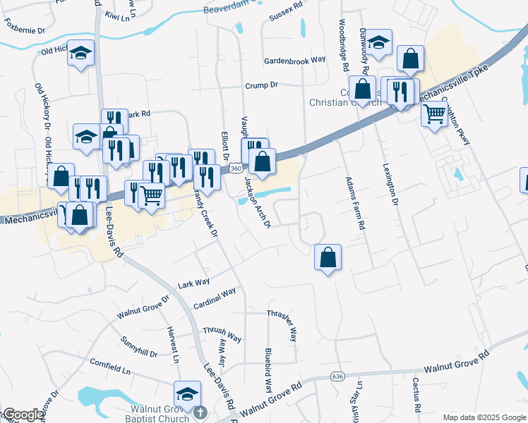 map of restaurants, bars, coffee shops, grocery stores, and more near 7324 Jackson Arch Drive in Mechanicsville
