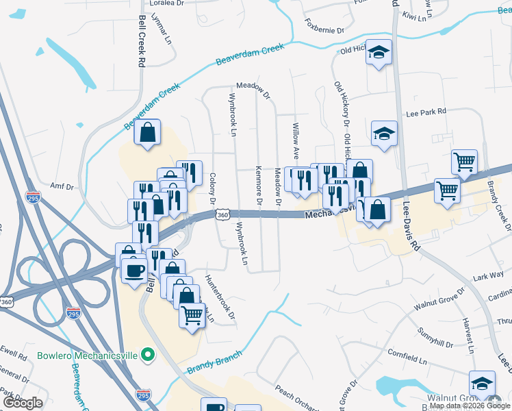 map of restaurants, bars, coffee shops, grocery stores, and more near 7959 Kenmore Drive in Mechanicsville