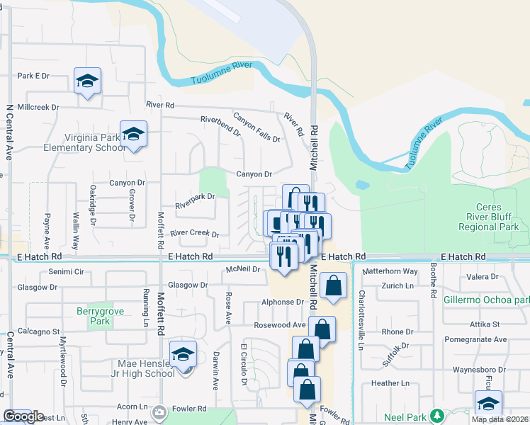 map of restaurants, bars, coffee shops, grocery stores, and more near 70 East Voyagers Cove Circle in Modesto