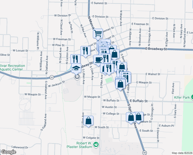map of restaurants, bars, coffee shops, grocery stores, and more near 307 South Pike Avenue in Bolivar