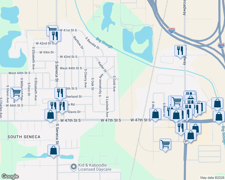 map of restaurants, bars, coffee shops, grocery stores, and more near 4620 South Gold Street in Wichita