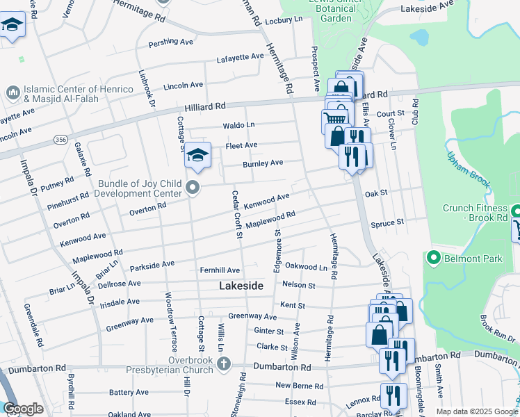 map of restaurants, bars, coffee shops, grocery stores, and more near 2518 Maplewood Road in Richmond