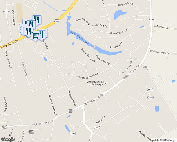 map of restaurants, bars, coffee shops, grocery stores, and more near 7906 Trumpetvine Lane in Mechanicsville