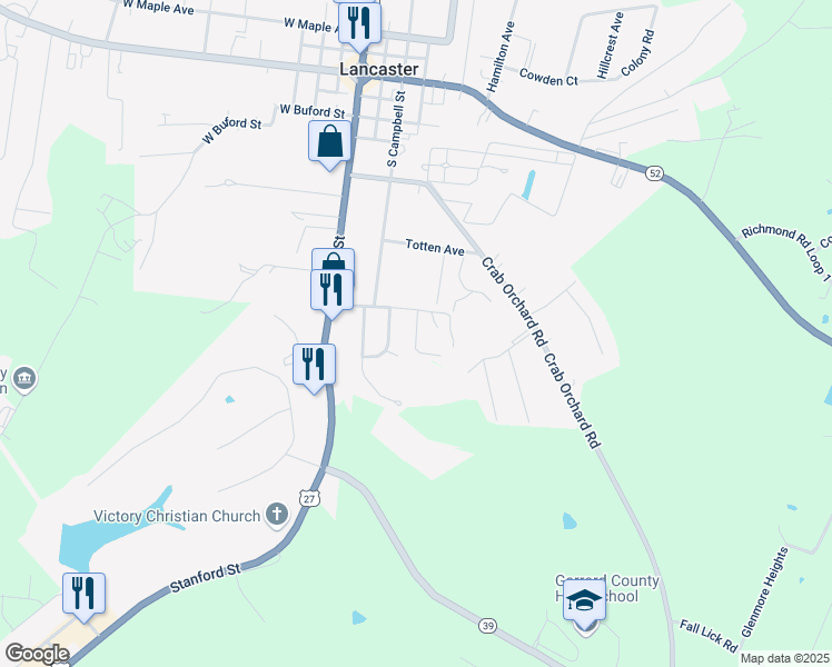 map of restaurants, bars, coffee shops, grocery stores, and more near Doty Lane in Lancaster