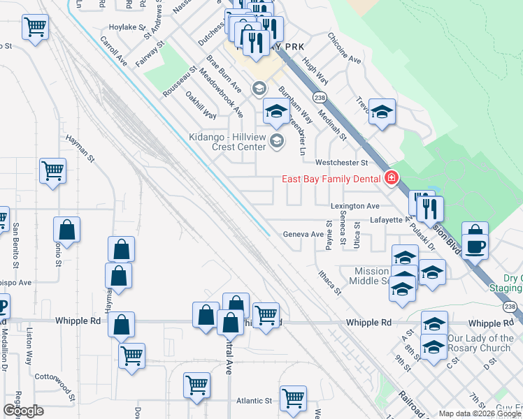 map of restaurants, bars, coffee shops, grocery stores, and more near 76 Schuylkill Avenue in Hayward