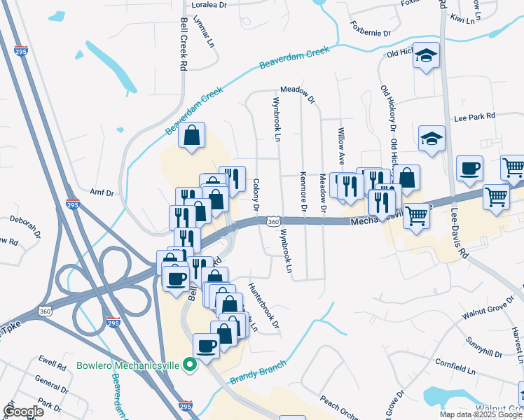 map of restaurants, bars, coffee shops, grocery stores, and more near 7958 Colony Drive in Mechanicsville