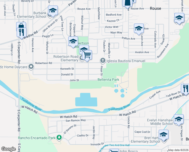 map of restaurants, bars, coffee shops, grocery stores, and more near 1713 John Street in Modesto