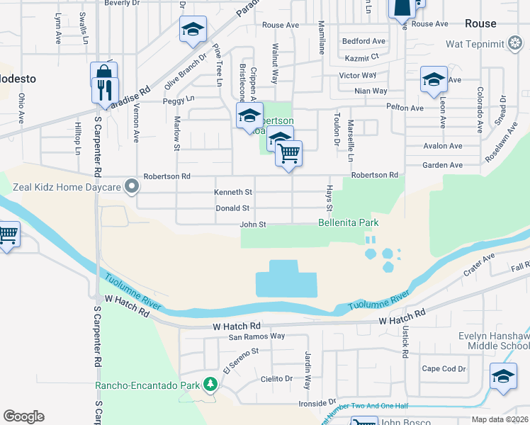 map of restaurants, bars, coffee shops, grocery stores, and more near 1821 John Street in Modesto