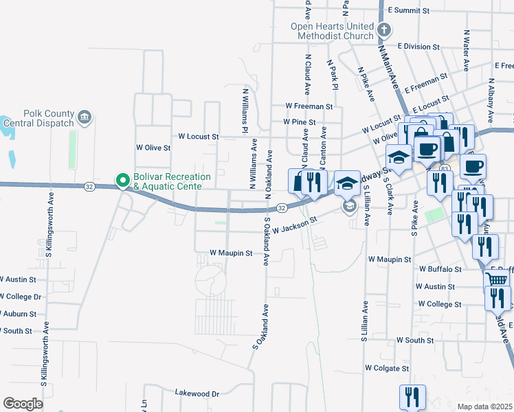 map of restaurants, bars, coffee shops, grocery stores, and more near 1000 West Broadway Street in Bolivar
