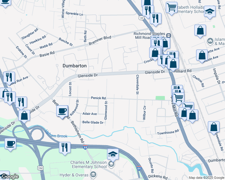 map of restaurants, bars, coffee shops, grocery stores, and more near 6808 Fernwood Street in Richmond