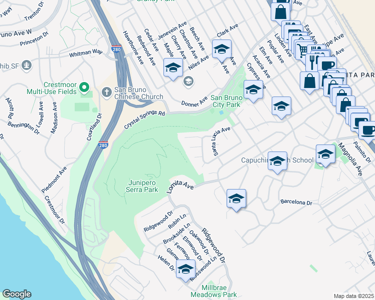 map of restaurants, bars, coffee shops, grocery stores, and more near 161 Parkview Court in San Bruno