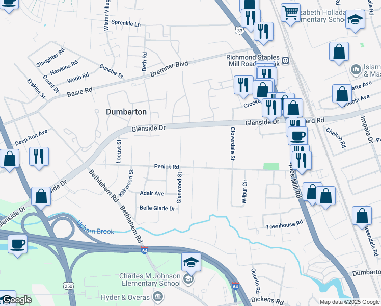 map of restaurants, bars, coffee shops, grocery stores, and more near 6808 Fernwood Street in Richmond