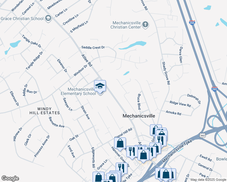 map of restaurants, bars, coffee shops, grocery stores, and more near 7432 Atlee Road in Mechanicsville
