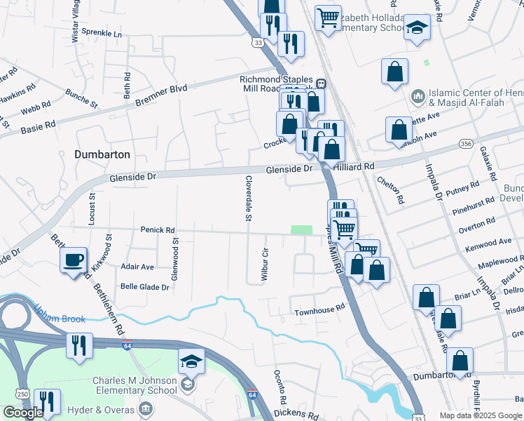 map of restaurants, bars, coffee shops, grocery stores, and more near 6812 Bellaire Street in Richmond