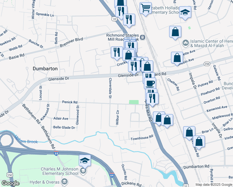 map of restaurants, bars, coffee shops, grocery stores, and more near 6812 Bellaire Street in Richmond