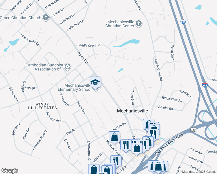 map of restaurants, bars, coffee shops, grocery stores, and more near 7432 Atlee Road in Mechanicsville