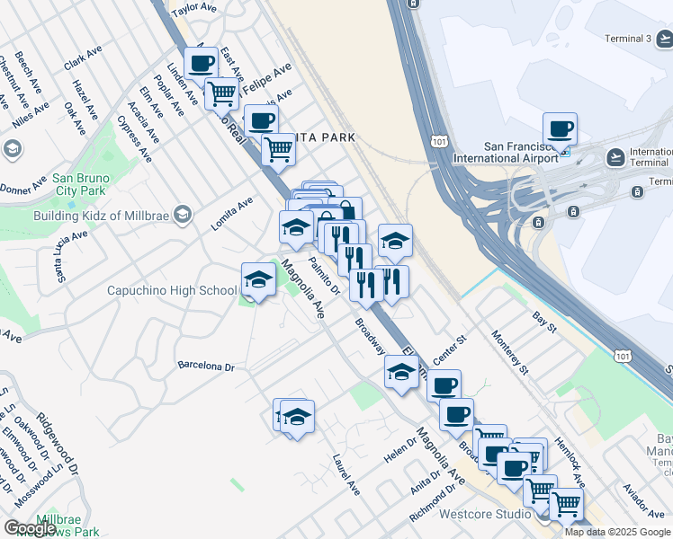 map of restaurants, bars, coffee shops, grocery stores, and more near 943 Palmito Drive in Millbrae