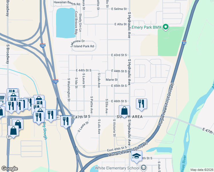 map of restaurants, bars, coffee shops, grocery stores, and more near 4619 S Victoria Ave in Wichita