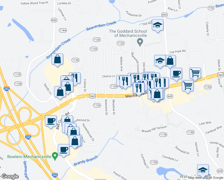 map of restaurants, bars, coffee shops, grocery stores, and more near 7963 Meadow Drive in Mechanicsville
