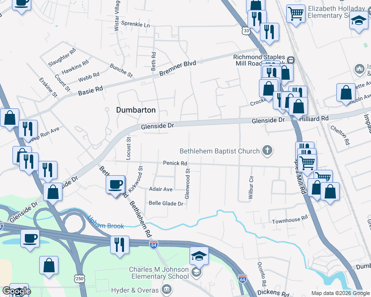 map of restaurants, bars, coffee shops, grocery stores, and more near 4806 Penick Road in Richmond