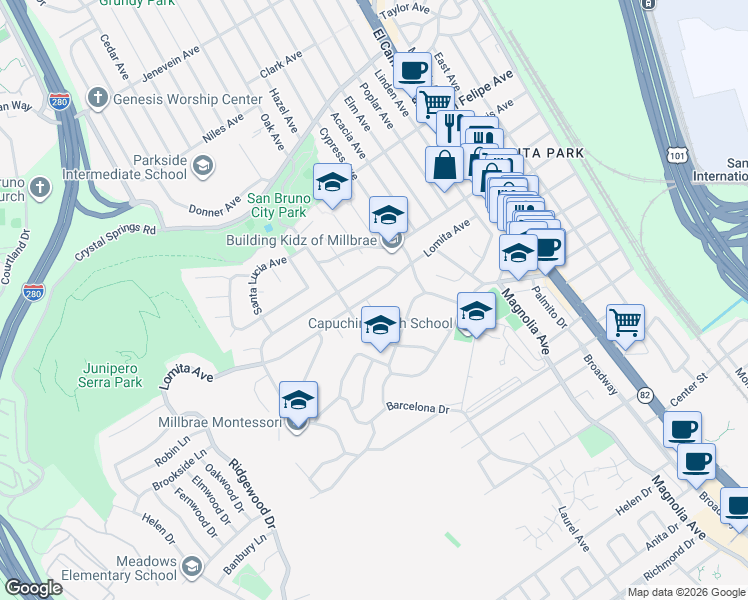 map of restaurants, bars, coffee shops, grocery stores, and more near 443 Lomita Avenue in Millbrae