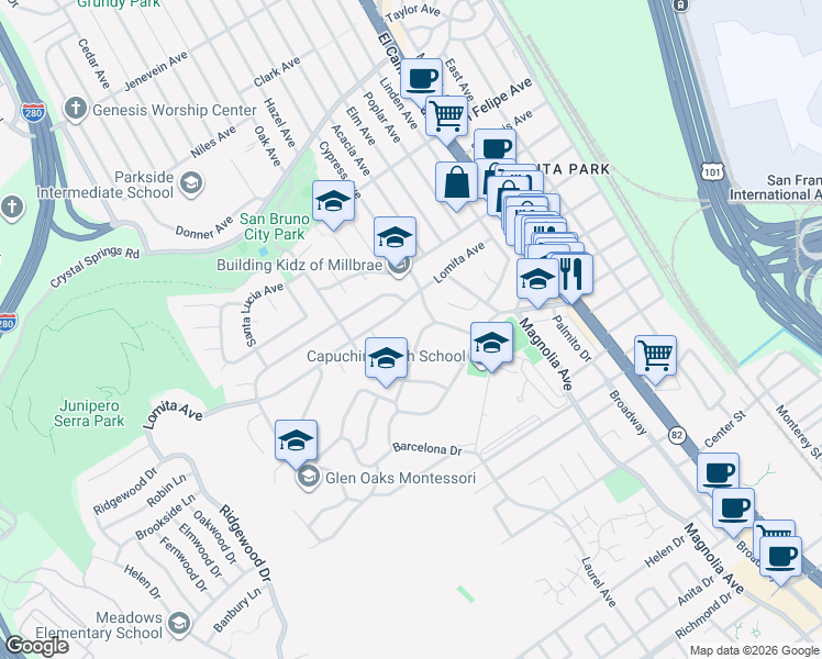 map of restaurants, bars, coffee shops, grocery stores, and more near 404 Juanita Avenue in Millbrae