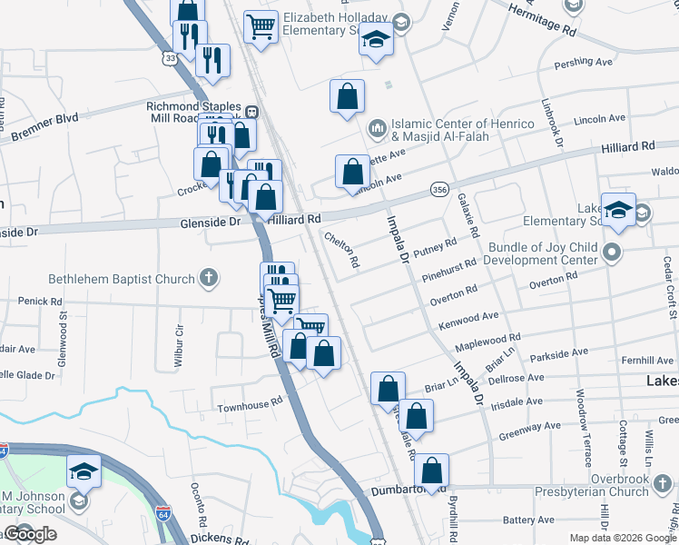 map of restaurants, bars, coffee shops, grocery stores, and more near 6903 Greendale Road in Richmond