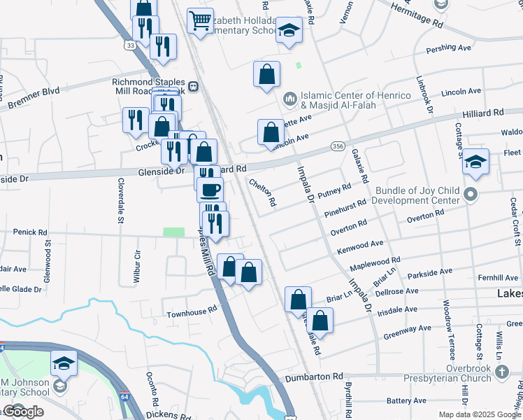 map of restaurants, bars, coffee shops, grocery stores, and more near 3109 Putney Road in Richmond