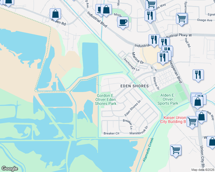 map of restaurants, bars, coffee shops, grocery stores, and more near 2839 Dune Circle in Hayward