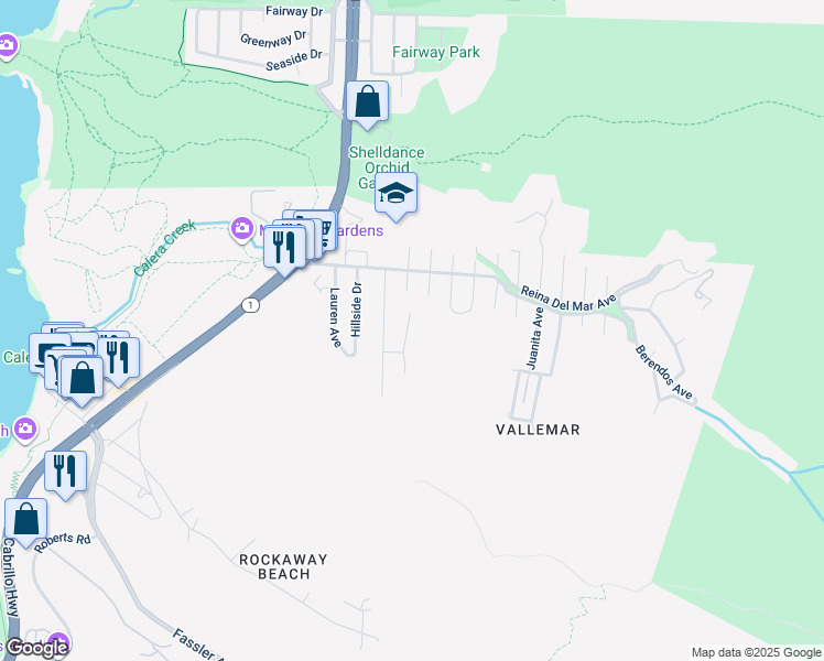 map of restaurants, bars, coffee shops, grocery stores, and more near 281 Piedmont Avenue in Pacifica