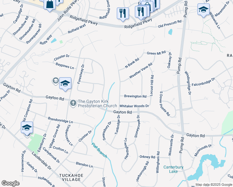map of restaurants, bars, coffee shops, grocery stores, and more near 1800 Tunbridge Drive in Richmond