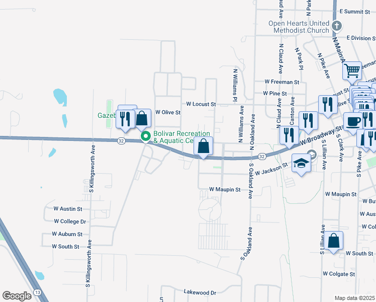 map of restaurants, bars, coffee shops, grocery stores, and more near 101 Russell Avenue in Bolivar