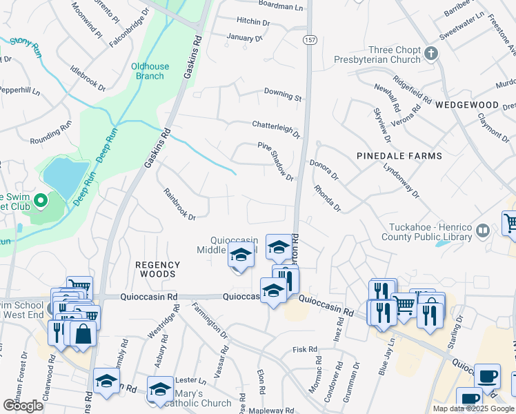 map of restaurants, bars, coffee shops, grocery stores, and more near 9611 Della Drive in Richmond