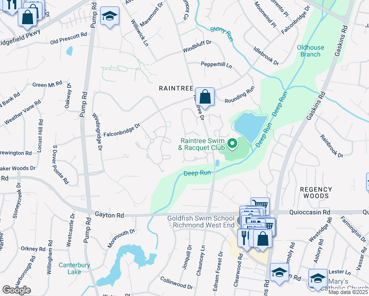 map of restaurants, bars, coffee shops, grocery stores, and more near 1761 Foxfire Circle in Henrico