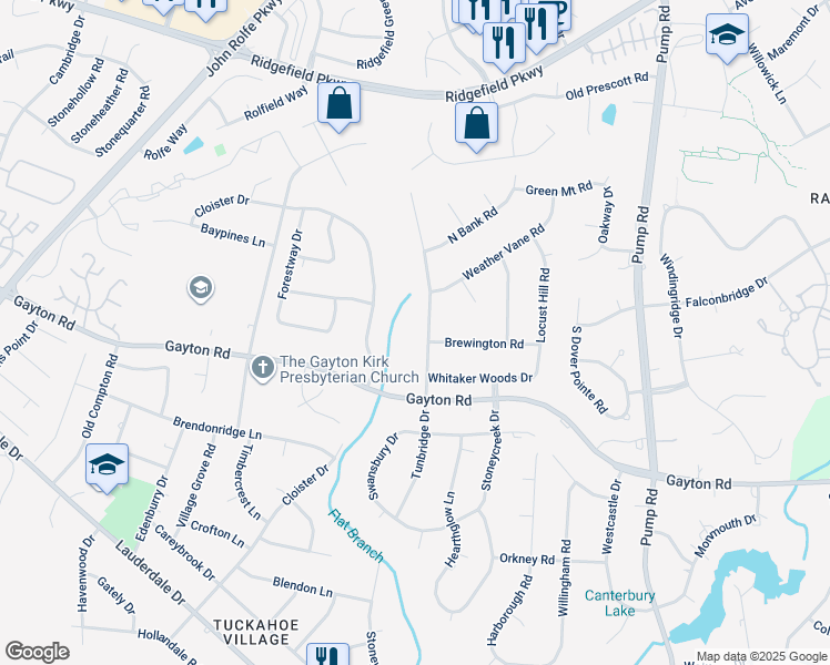 map of restaurants, bars, coffee shops, grocery stores, and more near 1800 Tunbridge Drive in Richmond
