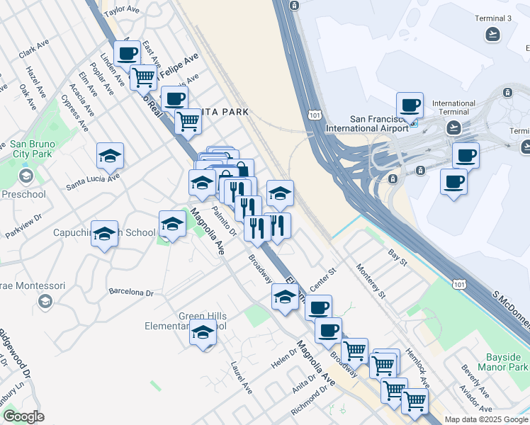 map of restaurants, bars, coffee shops, grocery stores, and more near 1018 San Anselmo Avenue in San Bruno
