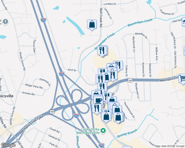 map of restaurants, bars, coffee shops, grocery stores, and more near 7432 Sandy Lane in Mechanicsville