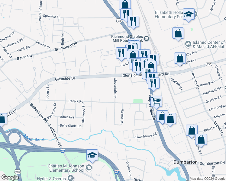 map of restaurants, bars, coffee shops, grocery stores, and more near 6816 Cloverdale Street in Richmond