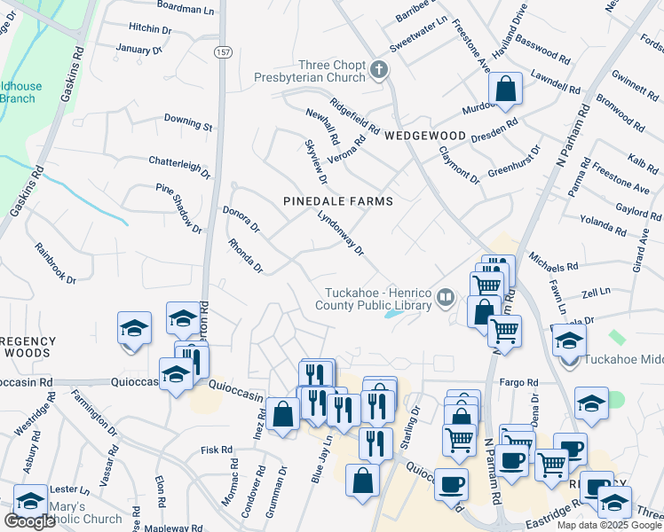 map of restaurants, bars, coffee shops, grocery stores, and more near 1606 Donora Court in Richmond