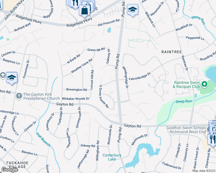map of restaurants, bars, coffee shops, grocery stores, and more near 10617 Falconbridge Drive in Richmond