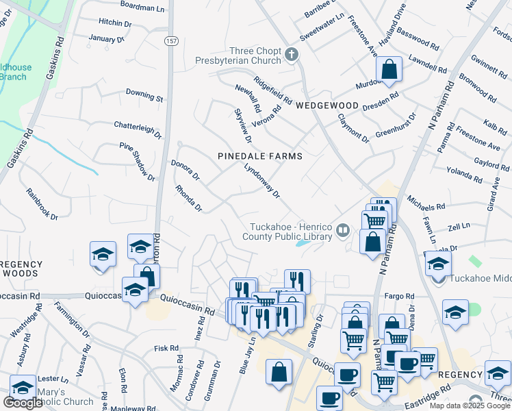map of restaurants, bars, coffee shops, grocery stores, and more near 1606 Donora Court in Richmond