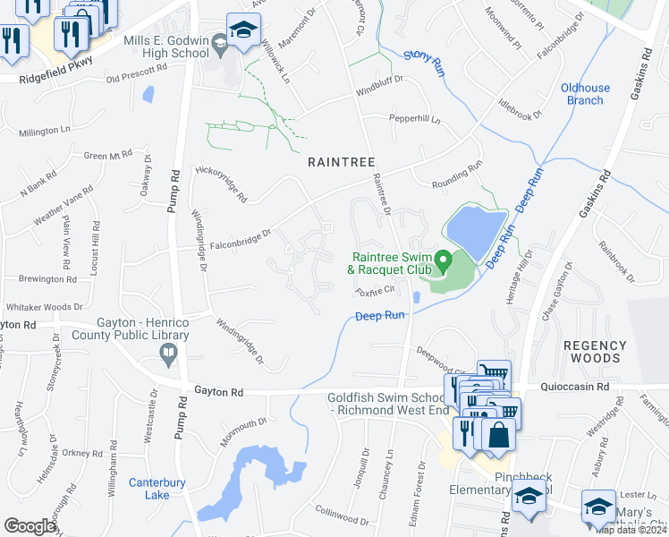 map of restaurants, bars, coffee shops, grocery stores, and more near 1700 Willow Wind Circle in Richmond