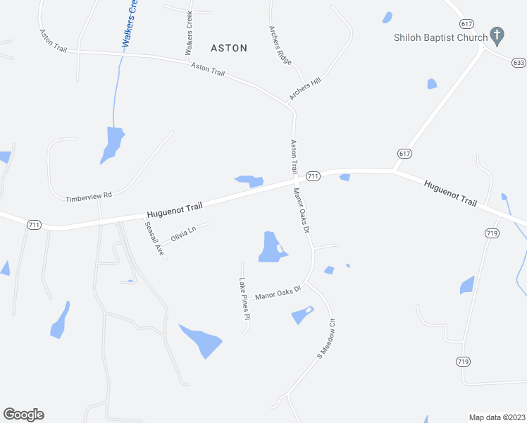 map of restaurants, bars, coffee shops, grocery stores, and more near 3409 Manor Oaks Drive in Powhatan